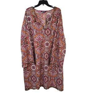 Roaman's Tunic Dress Women's 32W Pink Orange Paisley Beaded Notched Neck Festive